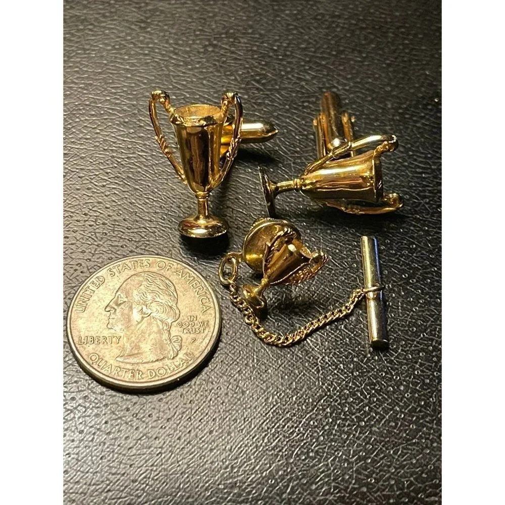 Vintage Swank Tivoli Gold Tone Trophy Cup Award Winner Cuff Links Tie